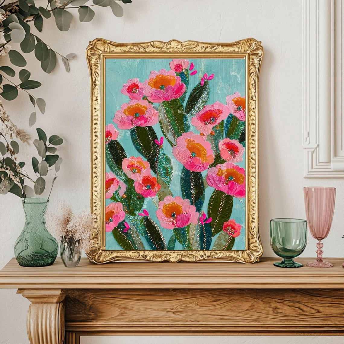 Flowering Cactus Wall Art Print, Blue Green Southwestern Boho Decor ...