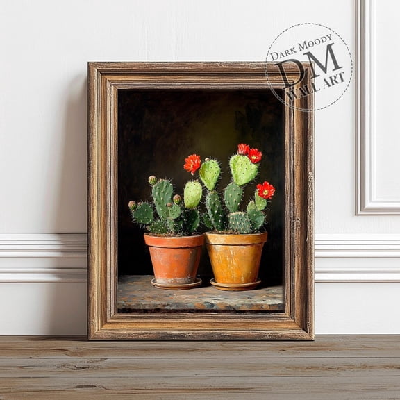 Flowering Cactus Wall Art Print Moody Southwest Decor