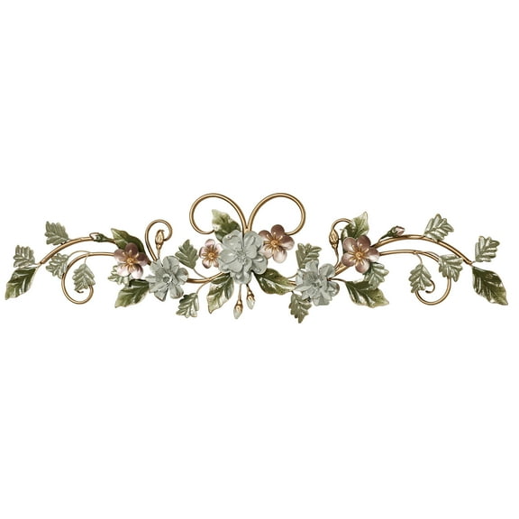 Flowering Charm Wall Topper Multi Pastel - Metal Art Sculpture - Flower Blossoms, Leaves, Metallic Color Palate - Measures 37 Inches Wide, 9 1/2 Inches High