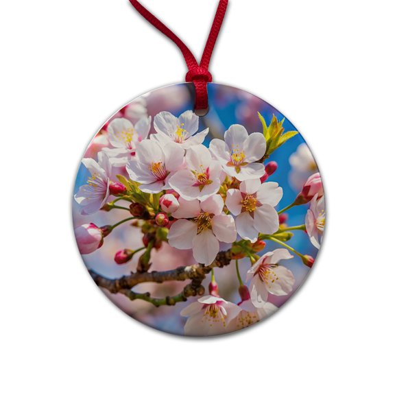 Flowering Cherry Tree Branch Christmas Tree Holiday Round Ceramic Ornament
