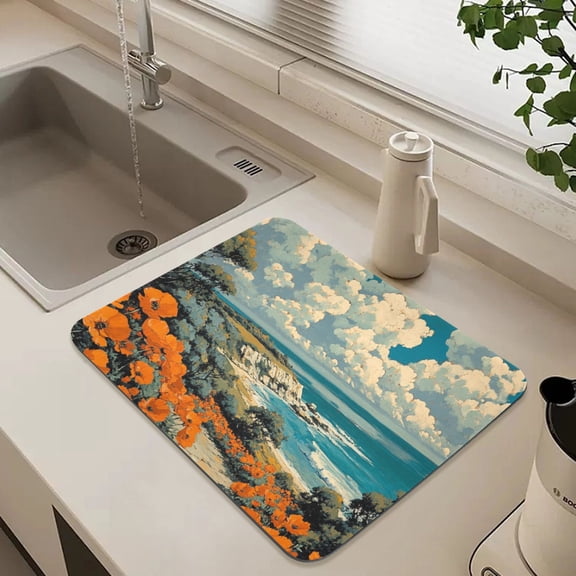 Flowering Coast Dish Drying Mat for Kitchen Counter Absorbent Drainer Mats (15.7X11.8Inch)
