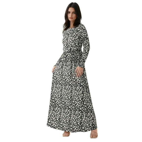Flowering Crew Neck Maxi Dress with Belt