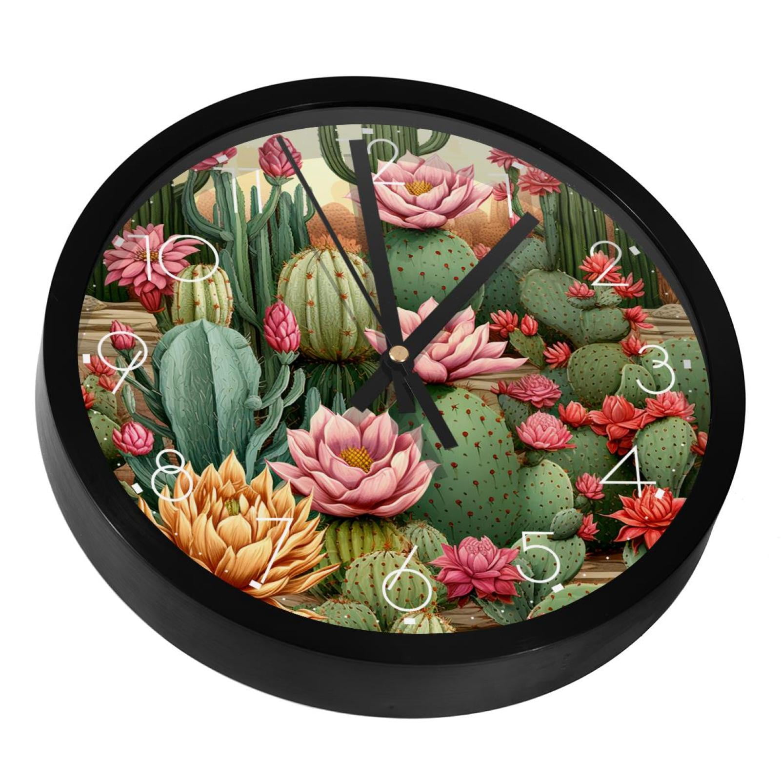Flowering Green Cactus Silent Wall Clock, Non Ticking Battery Operated ...