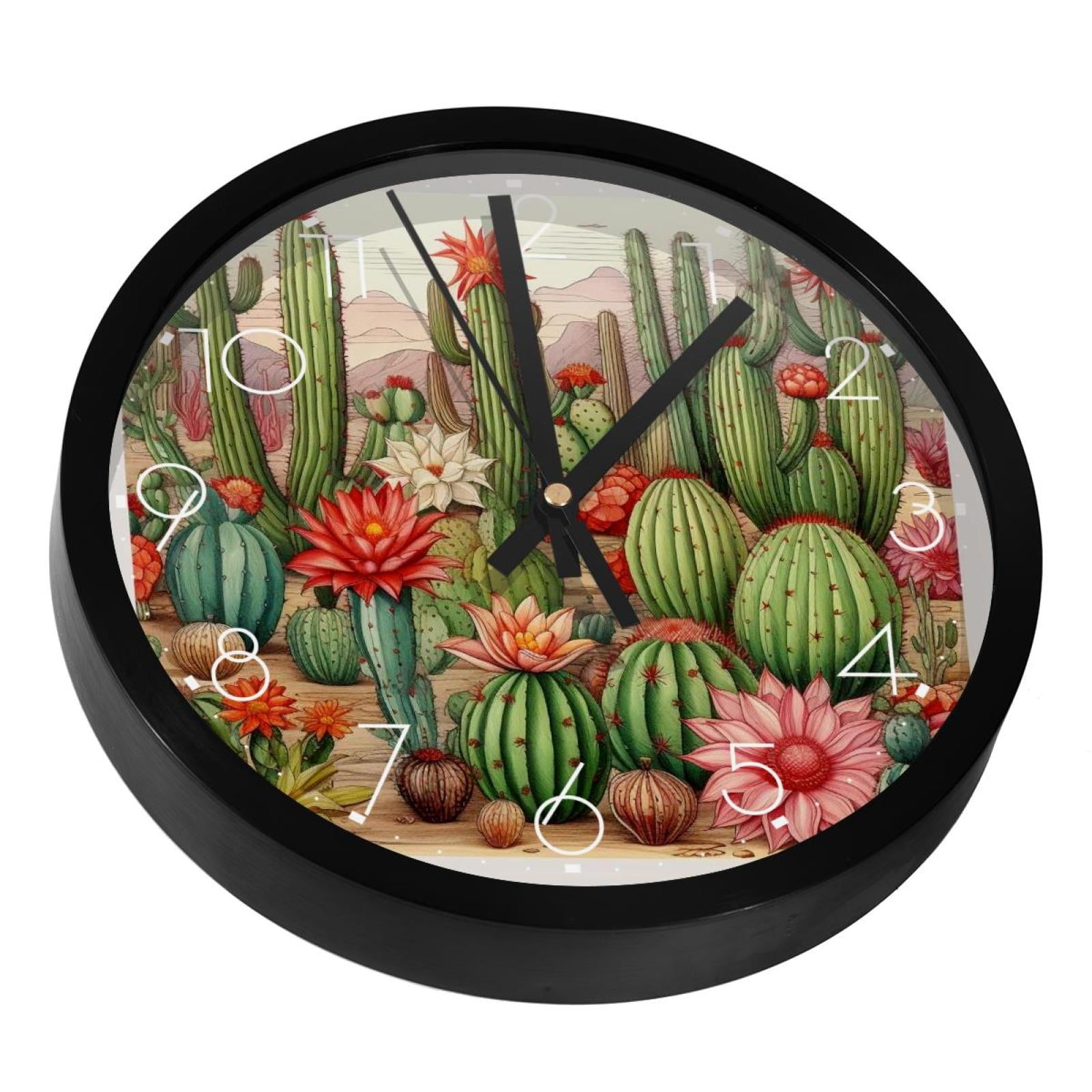Flowering Green Cactus Silent Wall Clock, Non Ticking Battery Operated ...