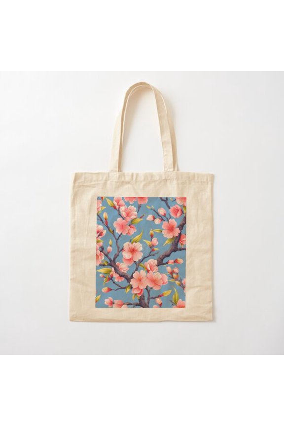 Flowering Peach Branch Pattern 1 Canvas Tote Bags, Reusable Shopping Bag