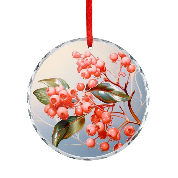 Flowering Plant With Berries Ornament Merry Christmas with Leaves Christmas Ornament Round Glass Holiday Decor And Xmas Gifts Ideas