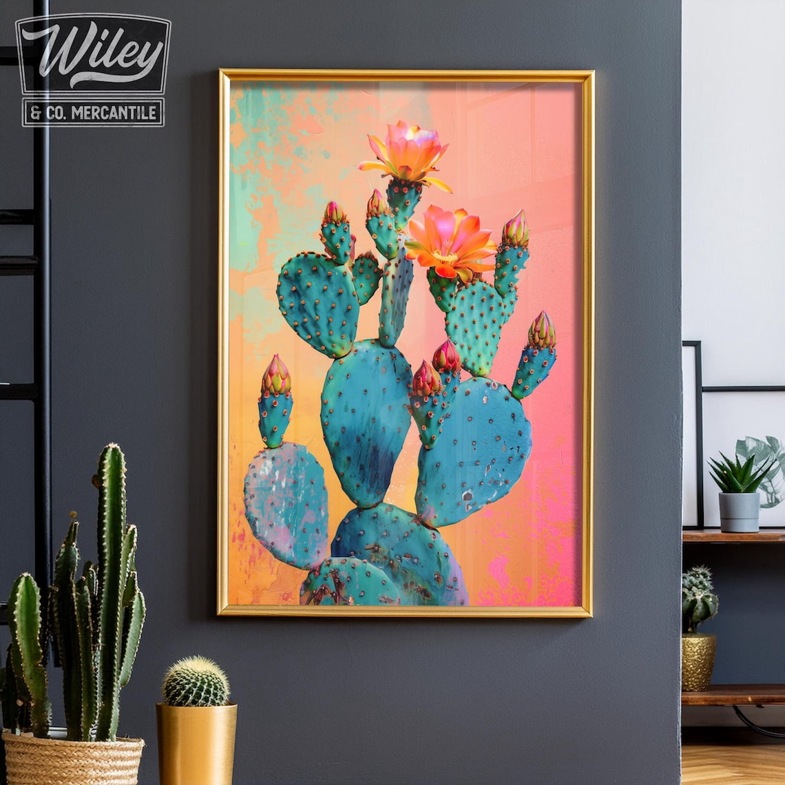Flowering Prickly Pear Cactus Wall Art Print, Minimalist Southwestern ...