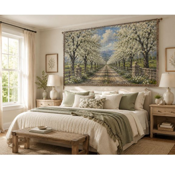 Flowering Tree-Lined Country Path Blue Green Woven Blanket, 100% Cotton, Scenic Cottage Home Accent