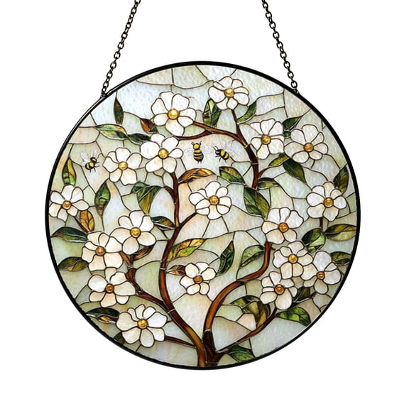Flowering Tree and Bee Illustration Stained Glass Style Window Suncatcher Decor, Fresh Spring Garden Home Gift