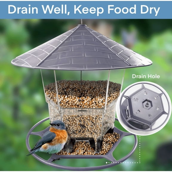 Floweropen Adjustable Plastic Bird Feeder for Outside, Sturdy Wire Construction with Protective Roof, Bird Feeding Container for Garden, Backyard, Terrace & Lawn