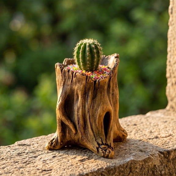 Flowerpot Hand-Painted Imitation Old Tree Stump Shape Outdoor Garden Planter Cement Texture Weatherproof Plant Container