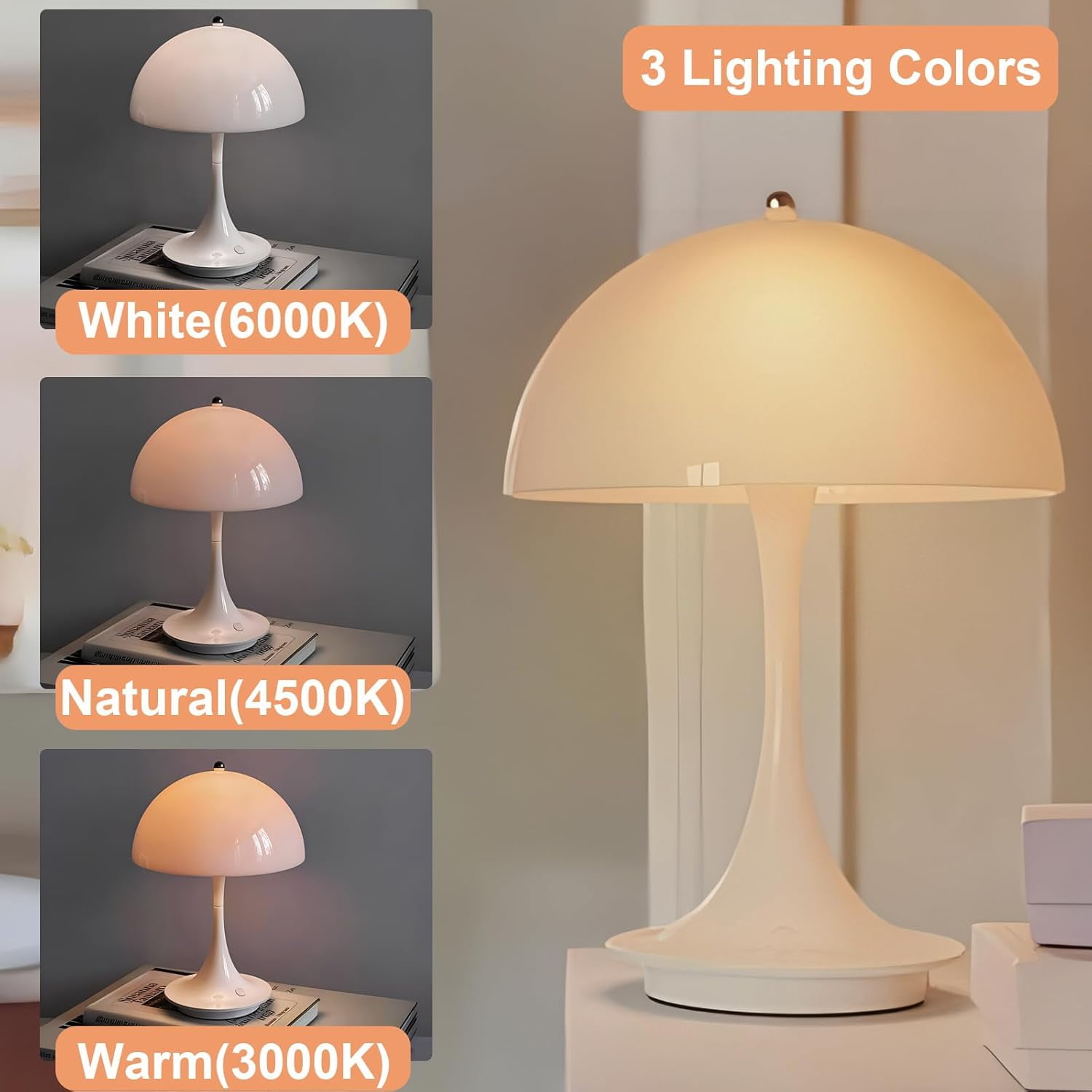Flowerpot Lamp, Cordless Mushroom Table Lamp with Touch Sensor, 3 Color Stepless Dimmable Portable Battery Operated Lights for Bedroom Decor/Restaurant/Outside/Camping