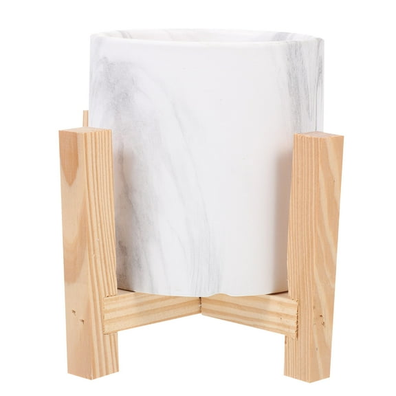 TABLZONE Modern Marble Ceramic Planter with Wood Stand Light Grey for Garden Patio Indoor Outdoor Decor 1 Pc