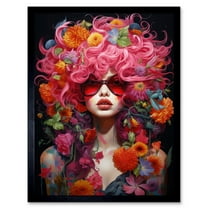 Flowerpunk Woman with Pink Hair and Flowers Vibrant Artwork Orange Pink Blue on Black High Detail Portrait Art Print Framed Poster Wall Decor 12x16 inch