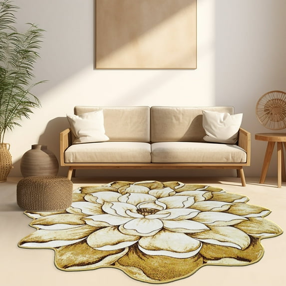 Flowers 2 Ft Round Throw Accent Area Rugs Floral Rose Flower Shaped Rug Modern for Girls Bedroom Floor Living Room Carpet 301 Beige