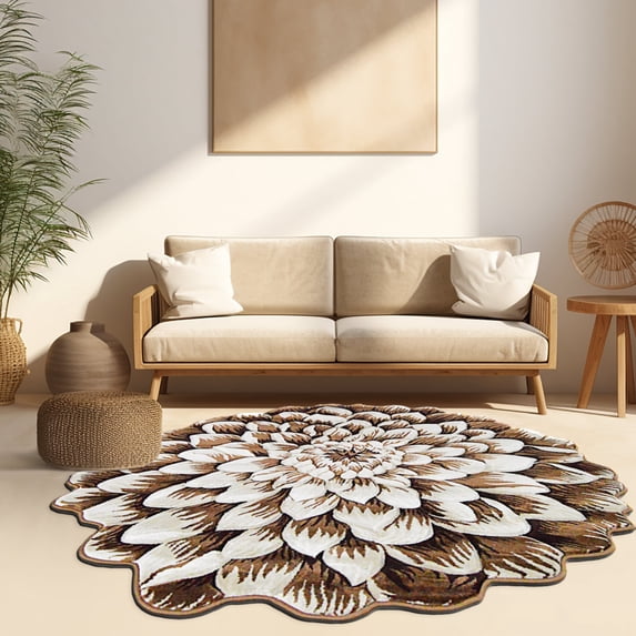 Planet Rugs Plush Round Throw Rug with Floral Rose Pattern, 2 Ft Diameter, Brown for Girls Bedroom & Living Room