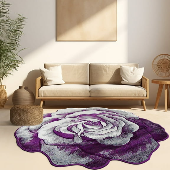 Flowers 2 Ft Round Throw Accent Area Rugs Floral Rose Flower Shaped Rug Modern for Girls Bedroom Floor Living Room Carpet 304 Purple