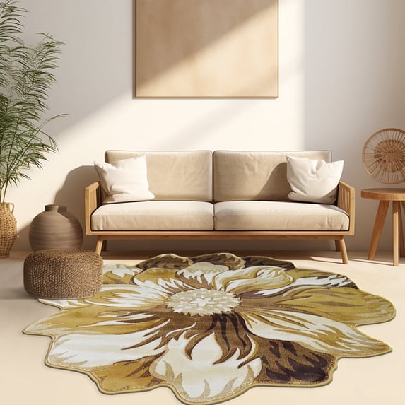 Planet Rugs Floral Rose Shaped Throw Rug 2ft Round Accent Area Rug for Girls Bedroom & Living Room Beige
