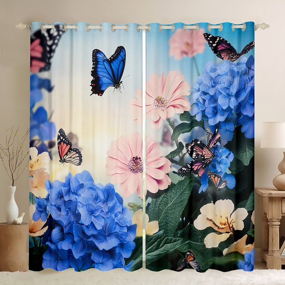 Flowers 30%-50% Blackout Curtains,Blue Florals Botanical Curtains,3D Butterfly Insects Thermal Curtains & Drapes,Kawaii Excavator Print Window Curtains,2 Panels,(38Wx45L)