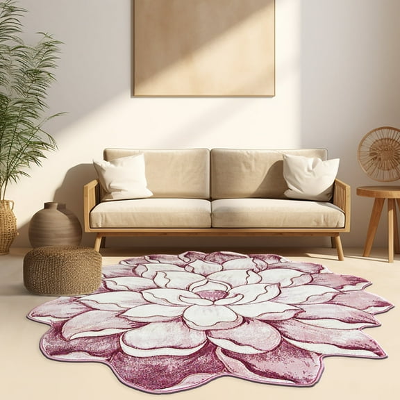 Flowers 5 Ft Round Throw Accent Area Rugs Floral Rose Flower Shaped Rug Modern for Girls Bedroom Floor Living Room Carpet 301 Pink