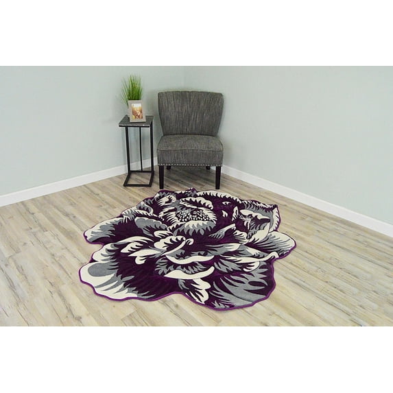 Flowers 5 Ft Round Throw Accent Area Rugs Floral Rose Flower Shaped Rug Modern for Girls Bedroom Floor Living Room Carpet 302 Purple