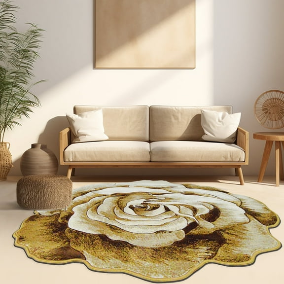 Flowers 5 Ft Round Throw Accent Area Rugs Floral Rose Flower Shaped Rug Modern for Girls Bedroom Floor Living Room Carpet 304 Beige
