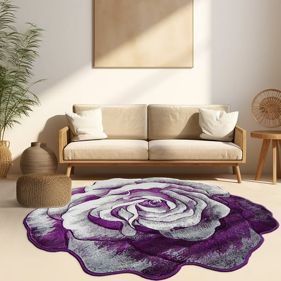 Flowers 5 Ft Round Throw Accent Area Rugs Floral Rose Flower Shaped Rug Modern for Girls Bedroom Floor Living Room Carpet 304 Purple
