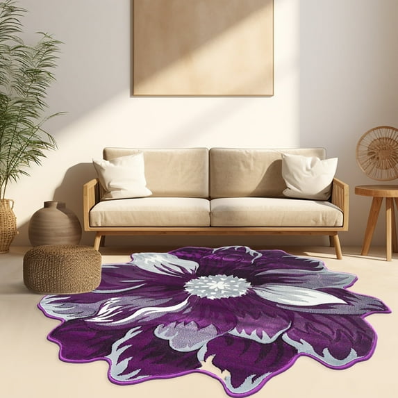 Flowers 5 Ft Round Throw Accent Area Rugs Floral Rose Flower Shaped Rug Modern for Girls Bedroom Floor Living Room Carpet 305 purple