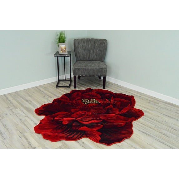 Flowers 6 Ft Round Throw Accent Area Rugs Floral Rose Flower Shaped Rug Modern for Girls Bedroom Floor Living Room Carpet 302 Red