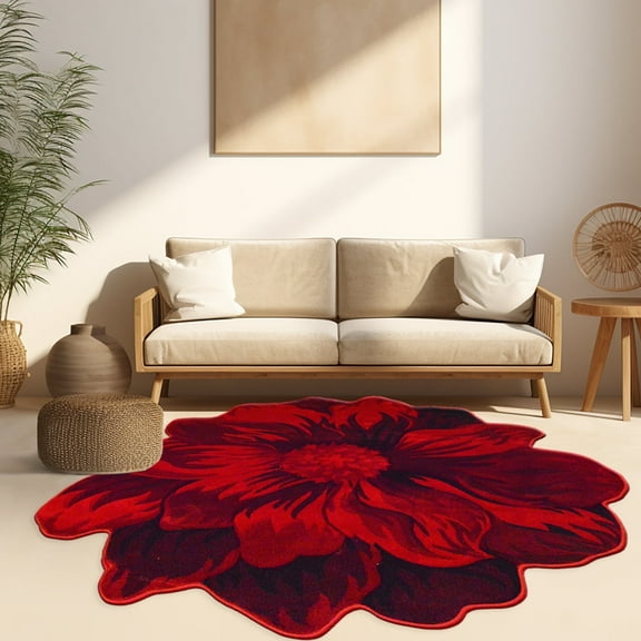 Flowers 6 Ft Round Throw Accent Area Rugs Floral Rose Flower Shaped Rug Modern for Girls Bedroom Floor Living Room Carpet 305 Red