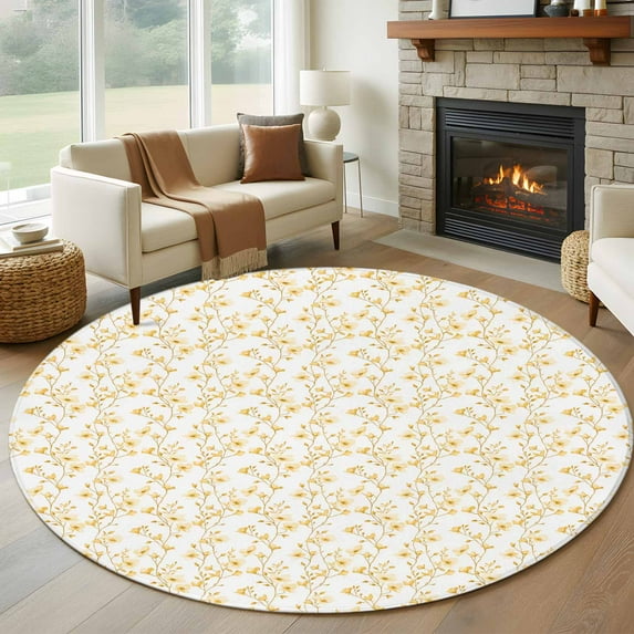 Flowers 6FT Round Area Rugs for Living Room 111 Branches Yellow Floral Ultra-Thin Non-Slip Round Rugs Machine Washable Low Pile Circle Carpet for Bedroom Kitchen Nursery