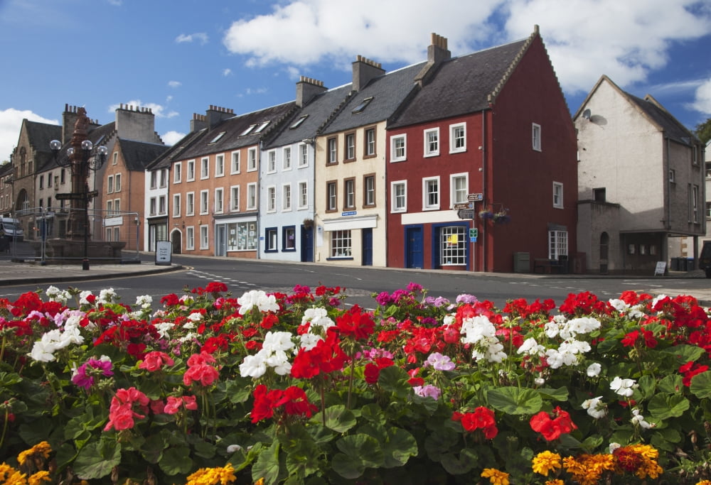 Flowers Along A Street In A Residential Area Jedburgh Scottish Borders Scotland Canvas Art - John Short Design Pics (38 x 26)