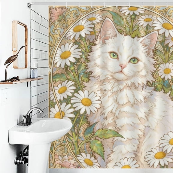 Flowers And Cat Print Shower Curtain Animal Print Bathroom Decor Shower Curtain 66inx72in(with 12 Hooks)
