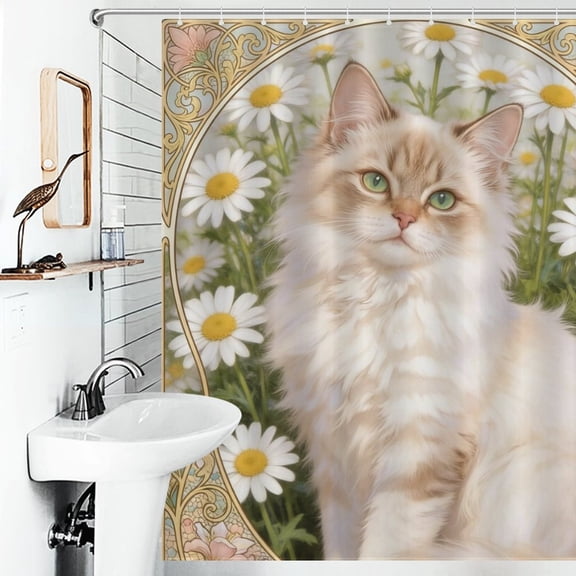 Flowers And Cat Print Shower Curtain Animal Themes Bathroom Decor Shower Curtain 66inx72in(with 12 Hooks)