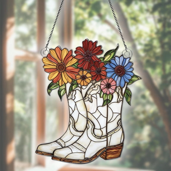 Flowers And Cowboys Boots Acrylic Suncatcher Window Hanging, Flowers Ornament, Gift For Flowers Lovers, Hippie Gifts For Her