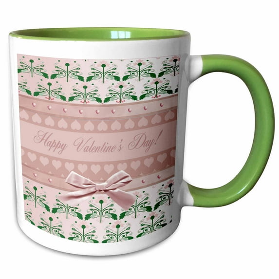 3drose, Flowers and Hearts with Bow, Happy Valentines Day, Mauve Pink, 15oz Two-tone Green Mug