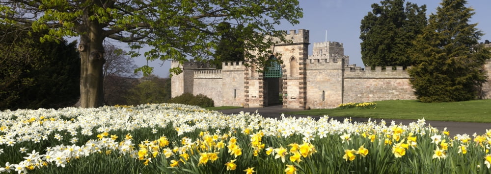 Flowers And The Entrance Gate To Ford Castle Ford Northumberland England Canvas Art - John Short Design Pics (44 x 15)