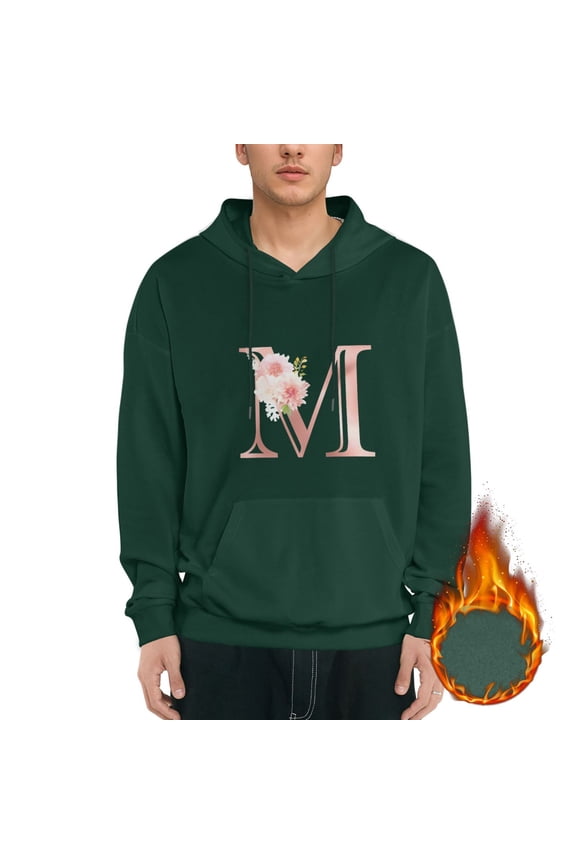 Flowers And The Letter M Graphic Hoodies for Men Letter Print Long Sleeve Casual Streetwear Pullover Sweatshirt with Pocket mens Ecosmart Hoodie,Dark Green M
