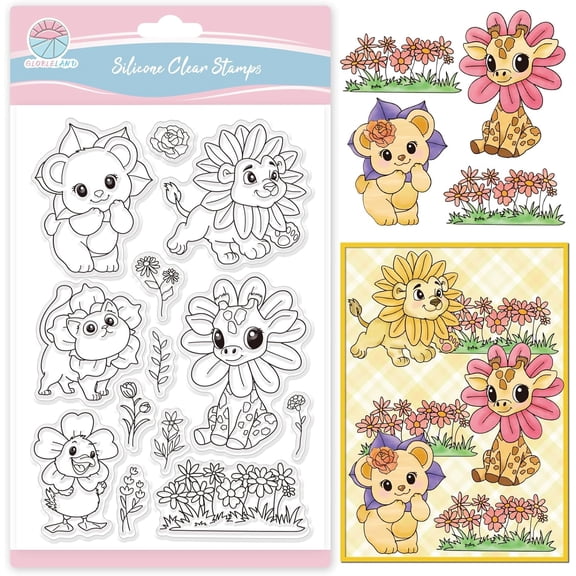 Flowers Animals Clear Stamps for Card Making Cat Bears Lions Ducks Giraffes Silicone Clear Stamps Flower Bushes Transparent Stamps Seal for DIY Scrapbooking Embossing Photo Album Decor for DIY