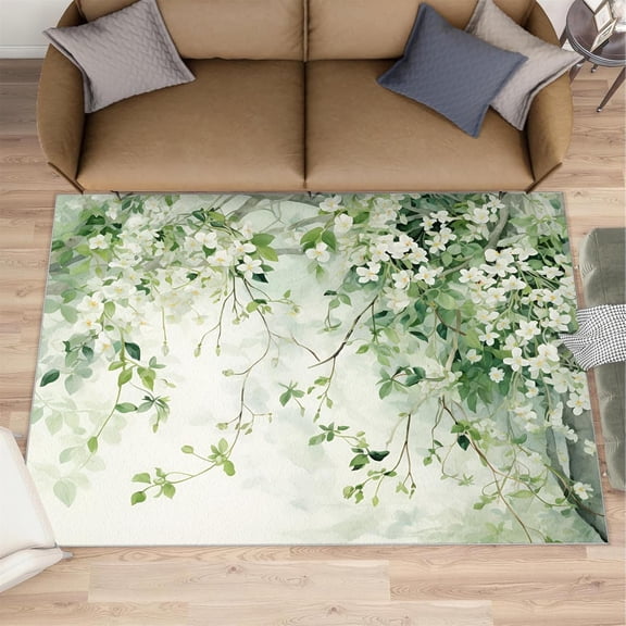Flowers Area Rugs, Green Leaves Washable Rugs for Living Room, Soft Non-Slip Thin Print Floor Carpet for Bedroom Room-2' x 3'