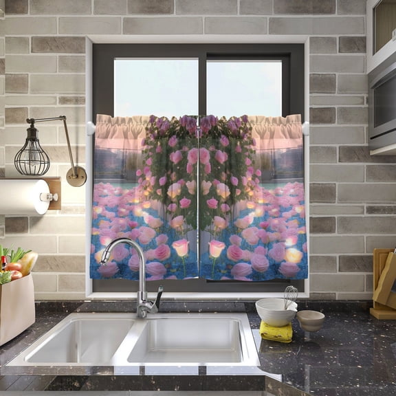 Flowers Around Leaves Kitchen Curtains Half Tier Curtain 2 Rod Pockets Bathroom Bedroom Cupborad Living Room 27"x24"