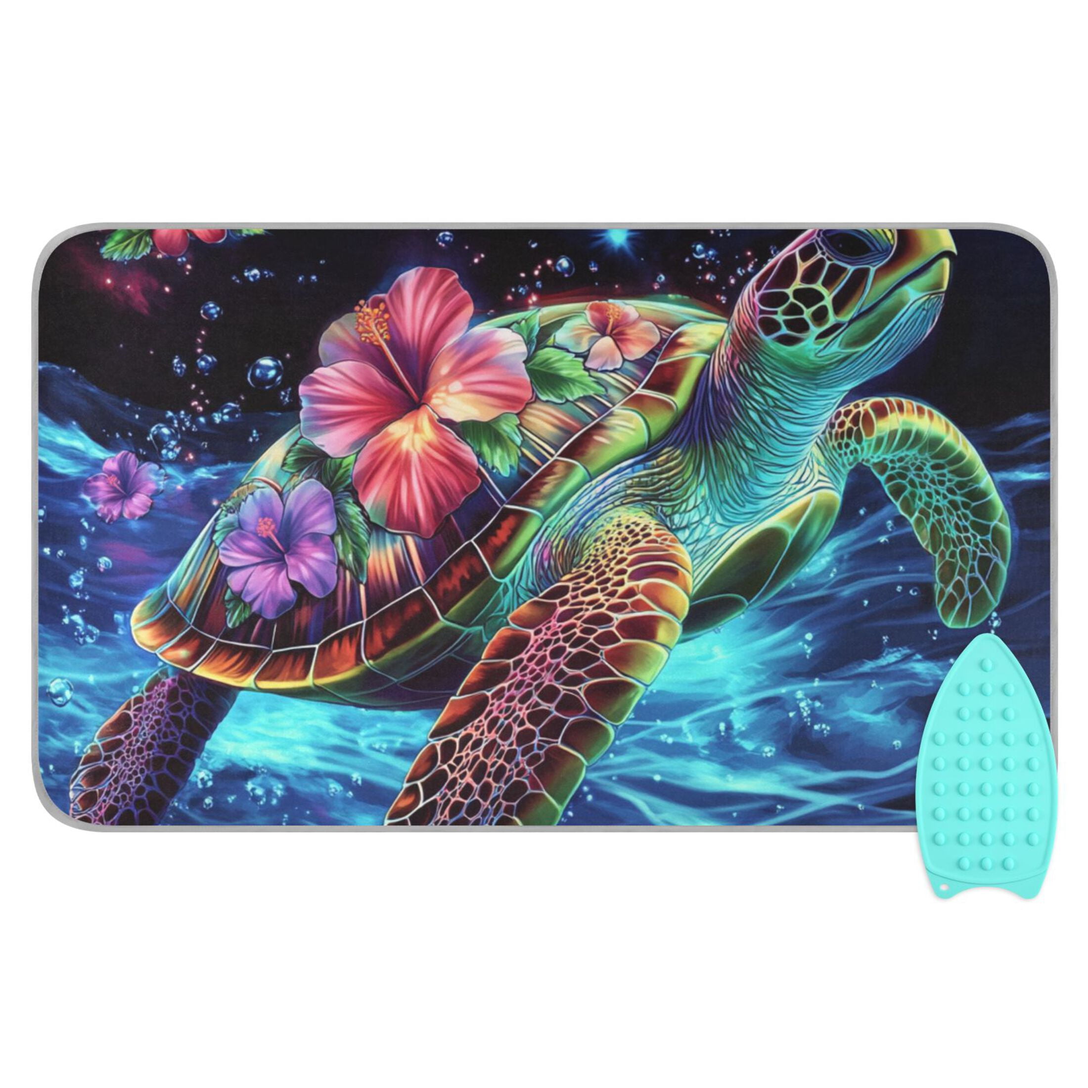 Flowers Around Swimming Neon Turtle Ironing Mat Blanket Portable Travel Ironing Pad Heat Resistant Pad 47.2" x 27.6”