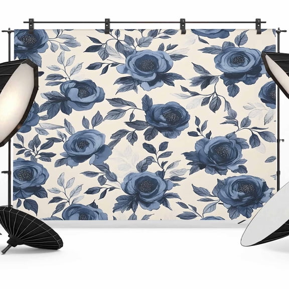 Flowers Backdrop for Photography, Vintage Blue Roses Leaves Watercolor Nostalgia Beige Bottom Photo Backdrop Portrait Background Party Banner Photo Backgrounds for Studio Booth Props, 12x8ft