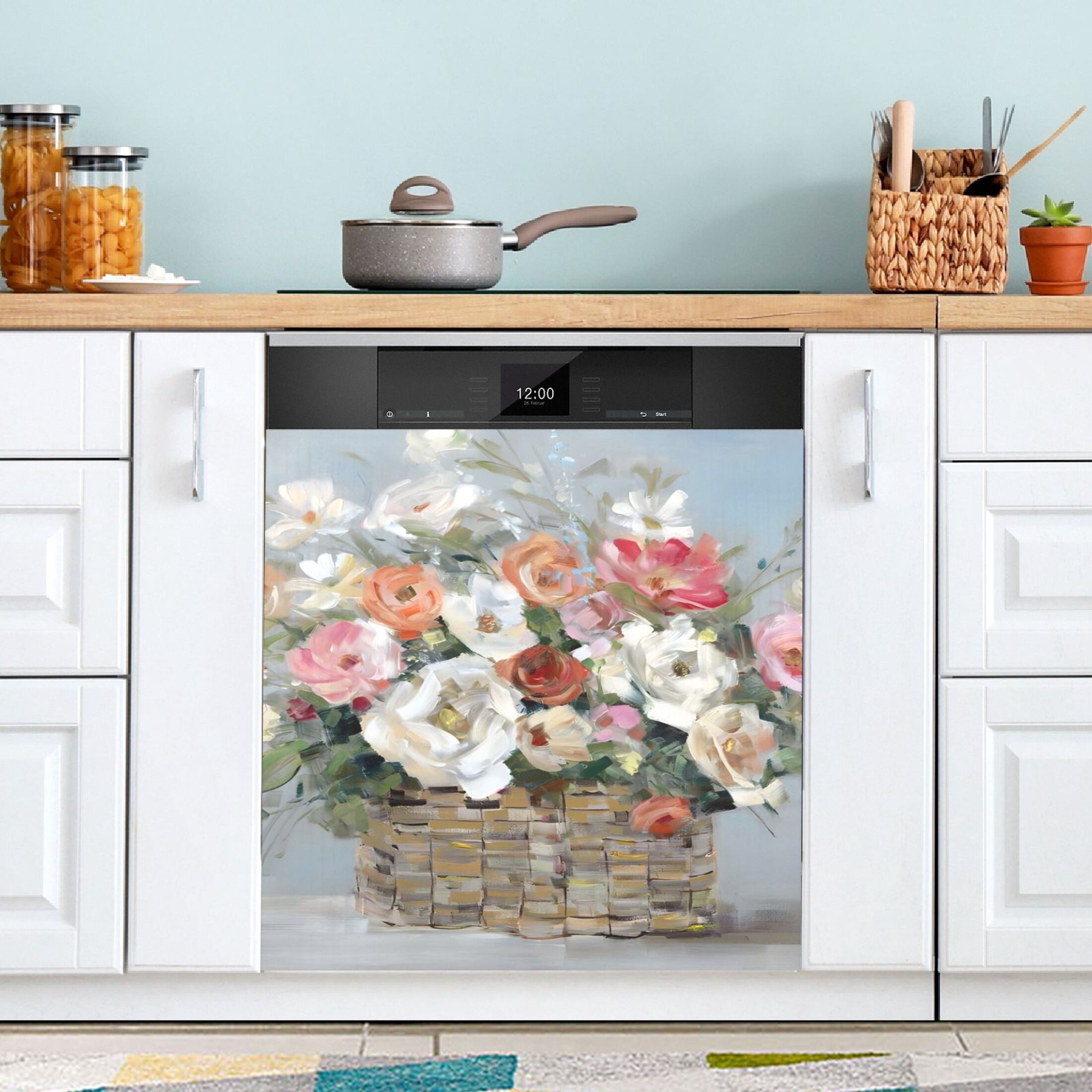 Flowers in A Basket Dishwasher Magnet Cover Reuseable Refrigerator Magnet Cover Decal Kitchen Fridge Microwave Stickers Hoilday Party Decor 23 x 26 inch