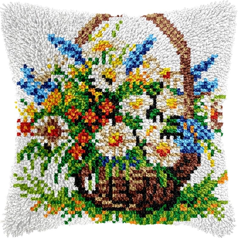 Flowers Basket Latch Hook Pillow Kits Pillow Cover Pattern Printed Canvas Crochet Knitted Hooking Pillowcase Cushion Crafts Embroidery Latch Hooking Crochet Kits Set 17x17 inch(50)