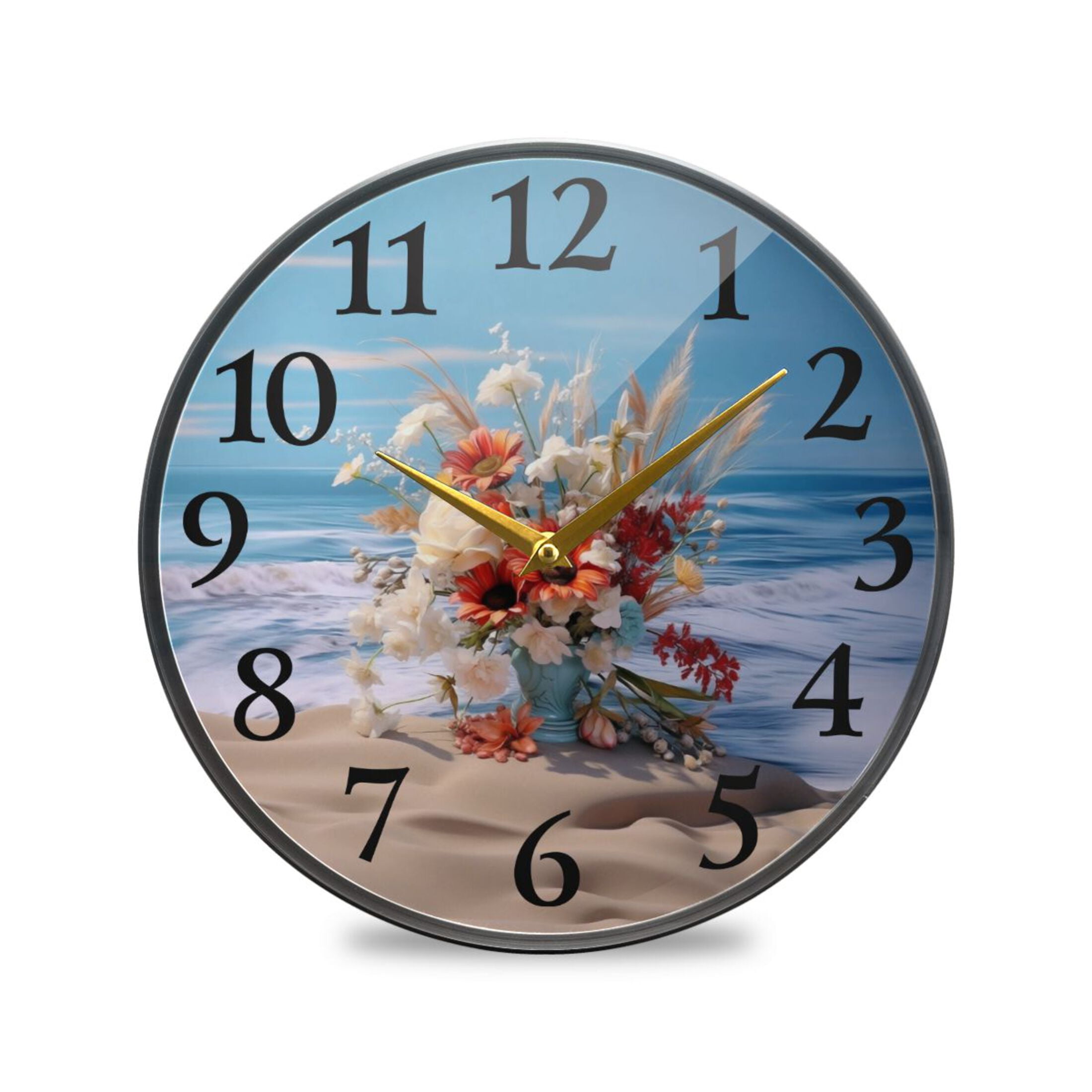 Flowers Beach Wall Clocks Battery Operated 9.5 Inch Round Clock Acrylic ...