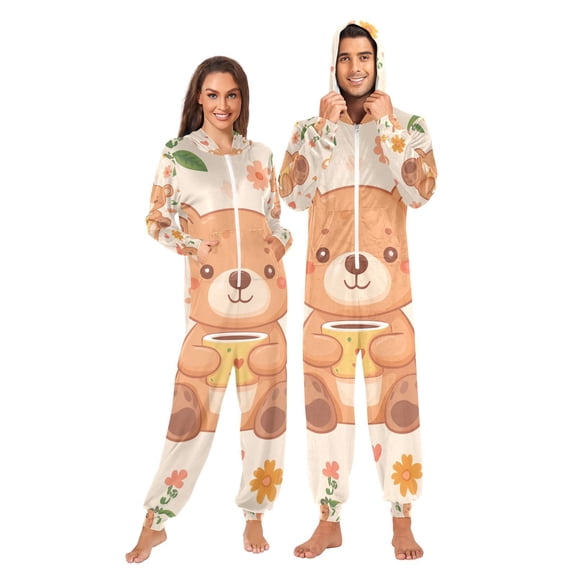 Flowers Bears Adult Onesie Pajamas Slim Fit Christmas One Piece Suit Pjs for Women and Men Hooded Zipper