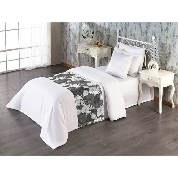 Flowers Bed Runner, Blooming Magnolia Tree Floral and Branches in Achromatic Tones Print, Decorative Accent Bedding Scarf for Hotels Homes & Guest Rooms, Twin, Dark Taupe Grey and White, by Ambesonne