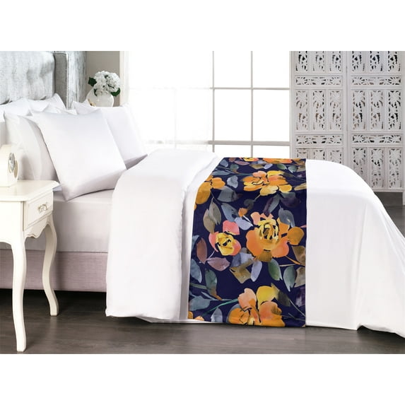 Flowers Bed Runner, Floral Ornamental Watercolor Art Print of Abstract Roses and Leaves, Decorative Accent Bedding Scarf for Hotels Homes & Guest Rooms, Queen, Indigo Marigold Ceil Blue, by Ambesonne