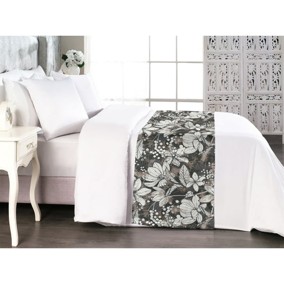Flowers Bed Runner, Mimosa Frangipani Plumeria and Leaves in Muted Colors Floral Composition, Decorative Accent Bedding Scarf for Hotels Homes & Guest Rooms, Queen, Warm Taupe Dimgray, by Ambesonne